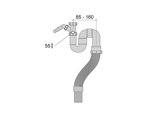 Schema över en vattenlås med anslutning och flexibla rör med måttangivelser