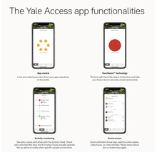 Yale Access appfunktioner som visas på smarttelefonskärmar: appkontroll, DoorSense-teknik, aktivitetsövervakning och gäståtkomst.