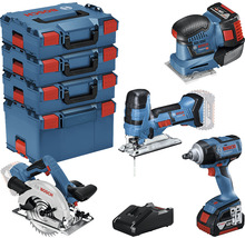 Verktygspaket 18V Bosch Professional trä sladdlös mutterdragare GDS18V-300 + sladdlös cirkelsåg GKS18V-LI + sladdlös sticksåg GST18 V-LI + sladdlös excenterslip GSS18V-10 inkl. 2 batterier (5.0 Ah), laddare & 3x L-BOXX136 + 1x L-BOXX238