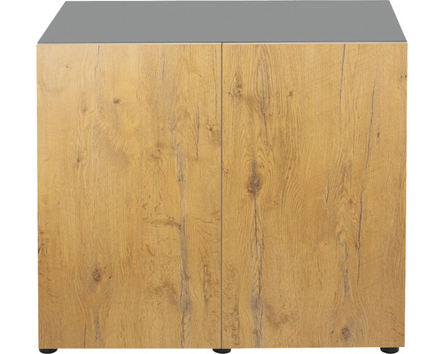 Träfärgat underskåp med två dörrar och en grå skiva