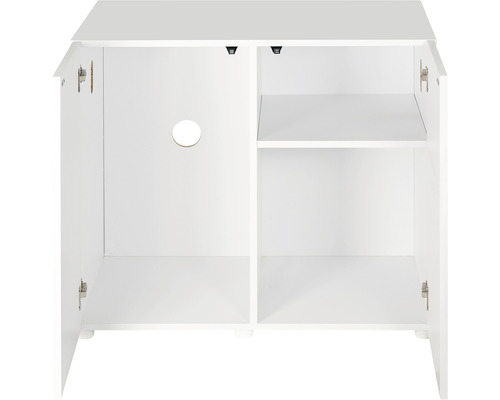 Vitt underskåp med öppen förvaring och en hylla