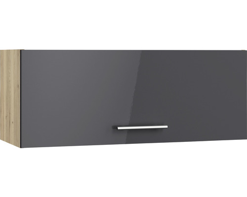 Vägghängande skåp med grå front och silverfärgat handtag