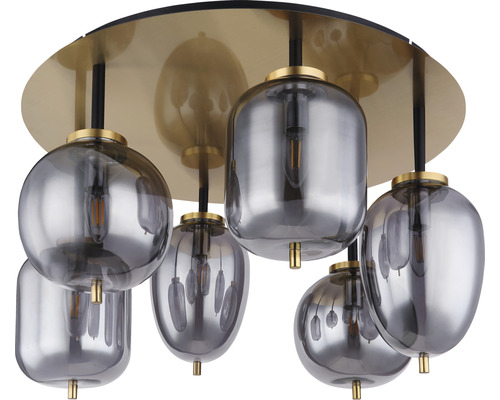 Taklampa med grå glasskärmar och gyllene baldakin