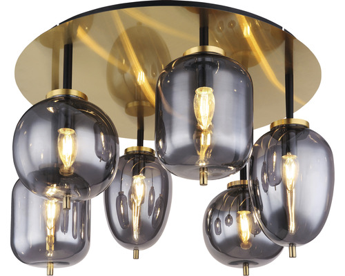 Taklampa med flera grå glasskärmar och ett guldfärgat takfäste