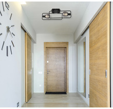 Hall med taklampa, dörrar och klocka