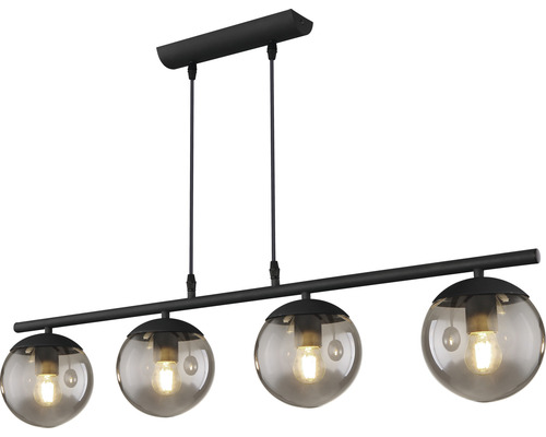 Svart hänglampa med fyra glasklot som lampskärmar