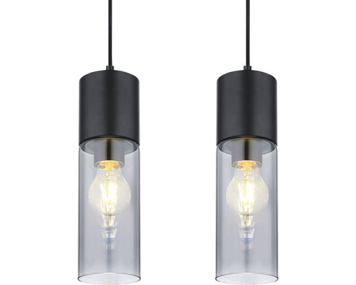 Två hänglampor med cylindriska glasskärmar och glödlampor