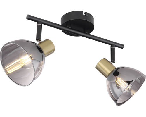 Taklampa med två spotlights, av metall och glas