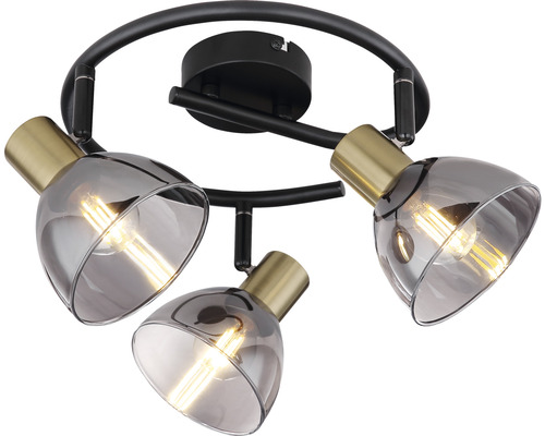 Taklampa med tre spotlights och rökfärgat glas