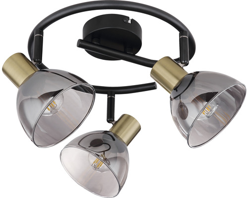 Taklampa med tre spotlights och glasskärmar