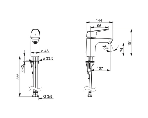 Teknisk ritning av en tvättställsblandare med mått