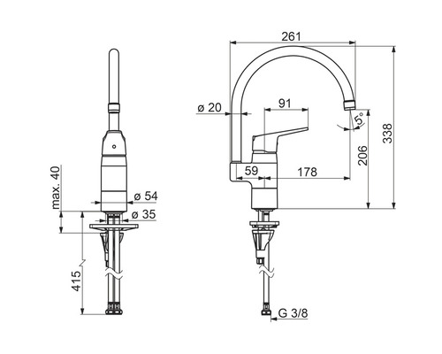 Teknisk ritning av en armatur med måttangivelser