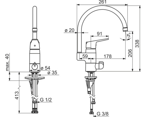 Teknisk ritning av en köksblandare med mått.