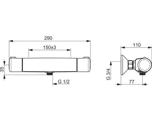 Teknisk ritning av en armatur med måttangivelser