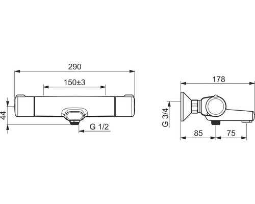 Teknisk ritning av en duschblandare med mått