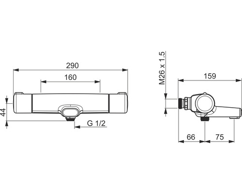 Teknisk ritning av en armatur med måttangivelser