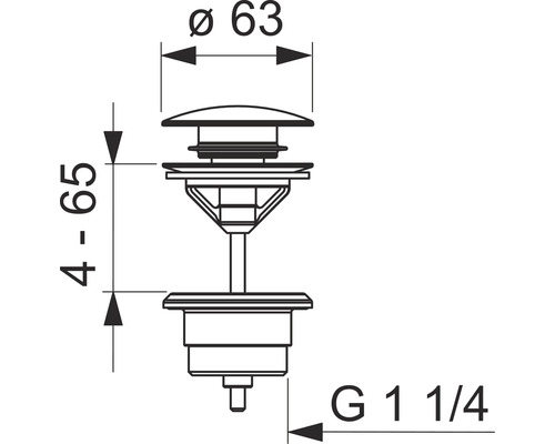 Teknisk ritning av en avloppsventil med måtten diameter 63 mm och höjd 4 till 65 mm