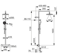 Teknisk ritning av en duschblandare med måttangivelser