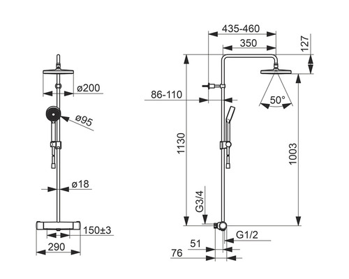 Teknisk ritning av en duschblandare med måttangivelser
