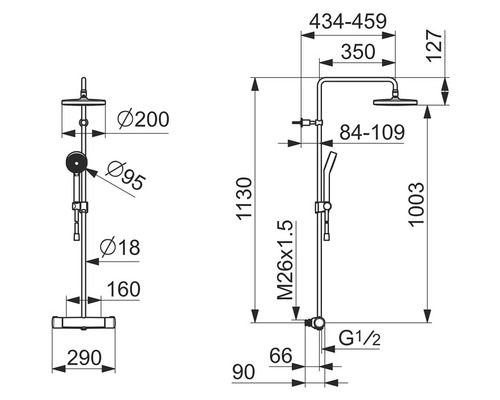 Teknisk ritning av en duschblandare med mått