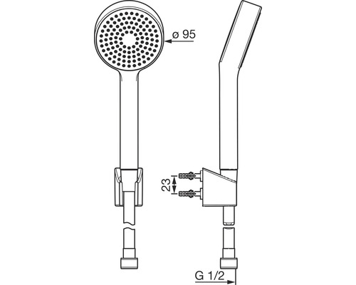 Teknisk ritning av en handdusch med måttangivelser