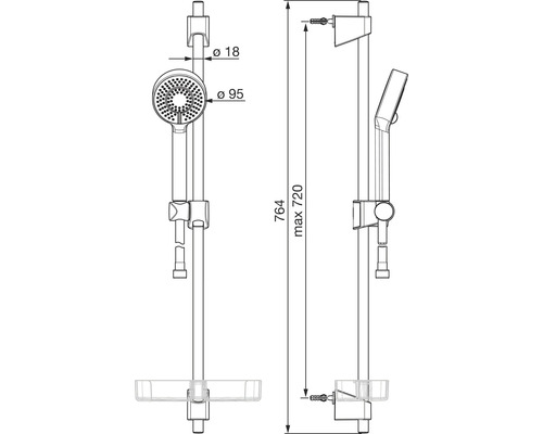 Teknisk ritning av en duschstång med handdusch och måttangivelser
