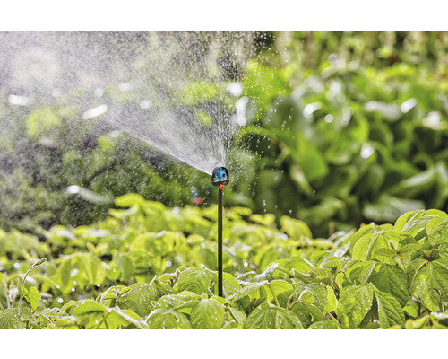 Trädgårdsscen med grässpridare som vattnar växter