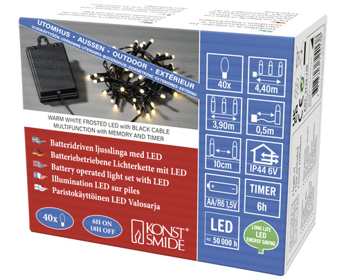 Ljusslinga KONSTSMIDE 40 varmvita frostade LED multifunktion timer 6h svart kabel 3,9m 4xAA