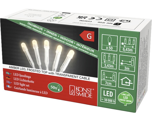 Förpackning för LED-ljusslinga med bärnstensfärgade lysdioder och transparent kabel för inomhusbruk