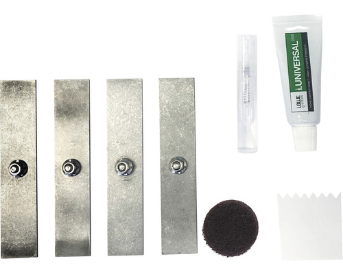 Limkit ARROW Basic för duschvägg inkl. 4 limbrickor 100x20mm i.GLUE universellt limset med fyra metallplattor, aktivator, rengöringsduk och spatel