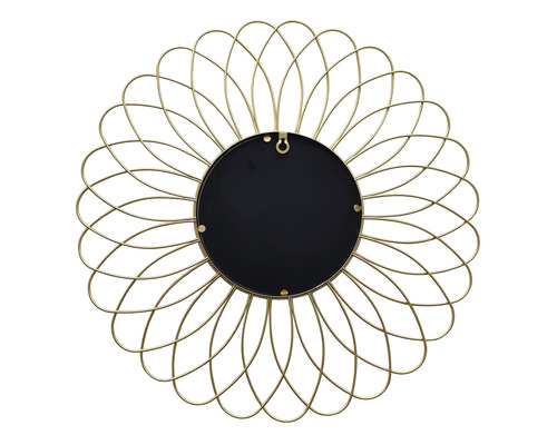 Baksidan av en rund väggspegel med metallram i blomform