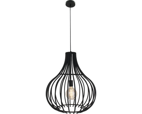 Svart hänglampa med öppen burdesign och synlig glödlampa