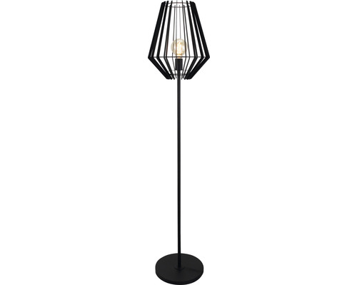 Svart golvlampa med metallram och ljuskälla