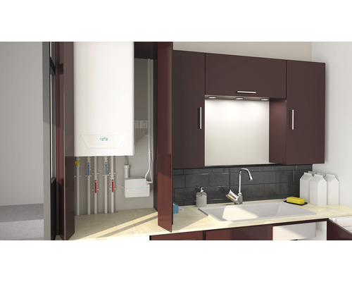 Värmepanna i ett badrum med handfat och skåp