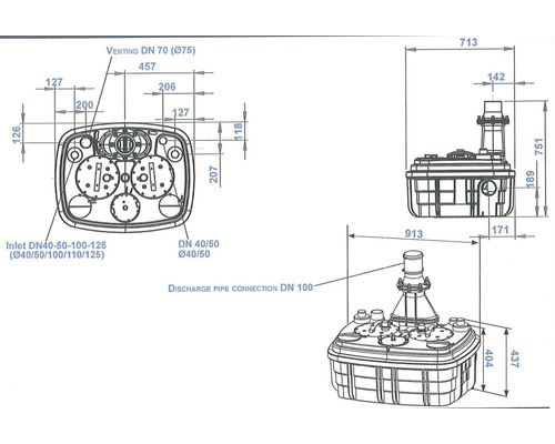 Teknisk ritning av en pumpstation med mått