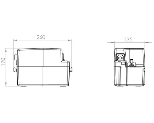 Skiss av en pumpstation med måtten 260 x 170 x 135 millimeter.