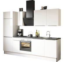 Köksbänk med kylskåp, fläkt, spis och diskho för inredning av ett kök.