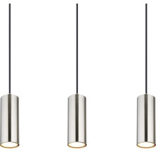 Tre metalliska hänglampor med cylindrisk lampskärm