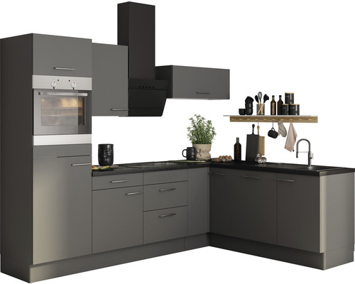Hörnkök utan vitvaror Mats825 270cm basaltgrå matt vänsterutförande Modernt inbyggnadskök med fläkt, diskho, hängande skåp och ugn