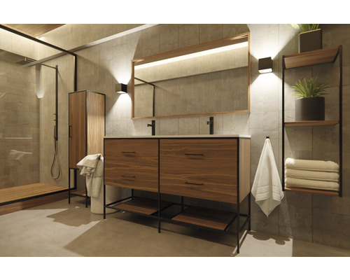 Modernt badrum med tvättställsskåp, spegel, hylla och dusch