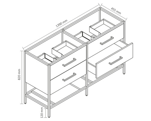 Ritning av ett tvättställsskåp med lådor och mått