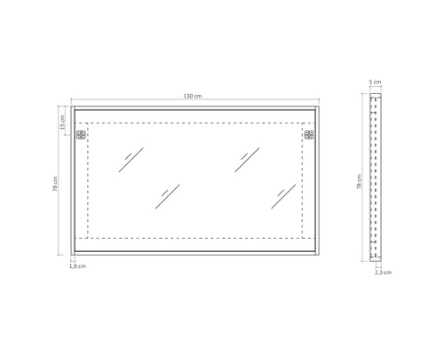 Teknisk ritning av en spegel med måtten 130 x 78 cm