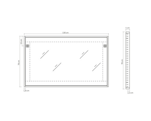 Teknisk ritning av en rektangulär spegel med måtten: 130 cm bred och 78 cm hög
