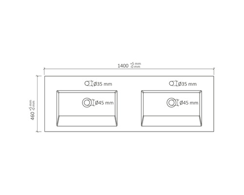 Ritning av en tvättställsskiva med två handfat, mått: 1400 x 460 millimeter