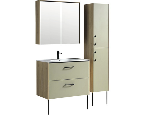 Badrumsmöbelset med tvättställsskåp, spegelskåp och högskåp