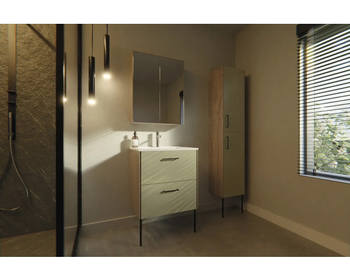 Modernt badrum med tvättställsskåp, spegelskåp och högskåp