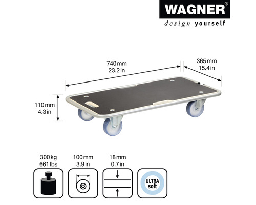 Wagner möbelrulle med måtten 740 x 365 millimeter, en maximal lastkapacitet på 300 kilogram och fyra hjul