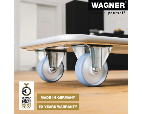 Möbelrulle med bärrullar och sigill för designutmärkelse, tillverkad i Tyskland och 50 års garanti