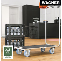 Wagner Logo. Transportvagn med dryckeslåda och FSC-sigill för ansvarsfullt skogsbruk