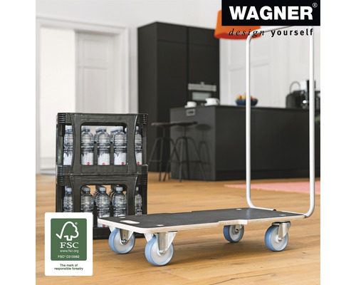 Wagner Logo. Transportvagn med dryckeslåda och FSC-sigill för ansvarsfullt skogsbruk
